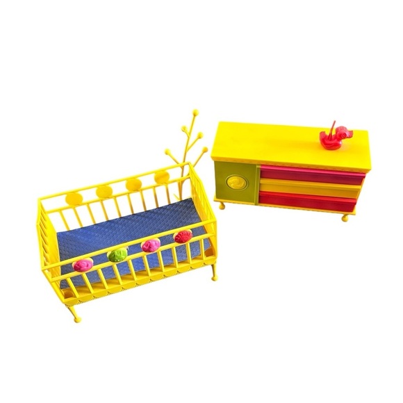 Vintage 1964 Suzy Cute Doll Crib Dresser Armoire Closet Yellow Orange Coat Rack - Picture 1 of 12